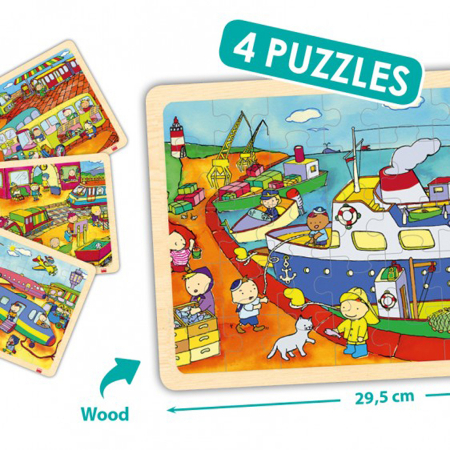 Puzzle-uri in set - Set de 4 puzzle-uri din lemn - Mijloace de transport