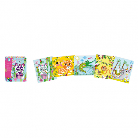 Set de 5 planse de pictat cu degetele si 1 tusiera cu 5 culori - Animale din jungla [0]