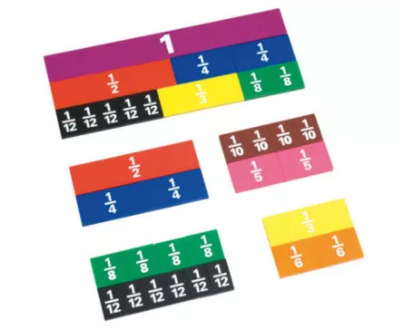 Jocuri matematice - Set de 51 de piese colorate pentru învățarea fracțiilor cu tăbliță