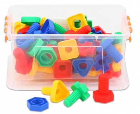 Asamblare si fixare - Set de 64 de șuruburi și piulițe colorate în cutie transparentă