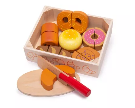 Meserii - Set de 7 alimente de patiserie in ladita din lemn pentru feliat