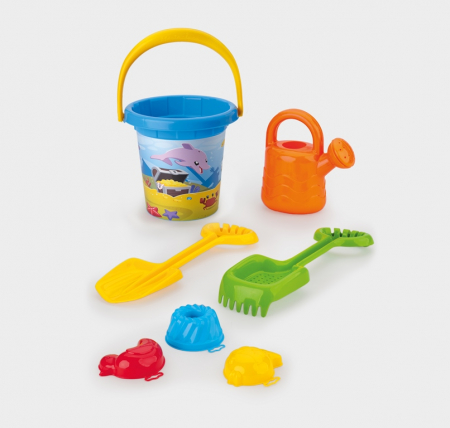 Jucarii outdoor - Set pentru nisip cu galetusa colorata si 6 piese