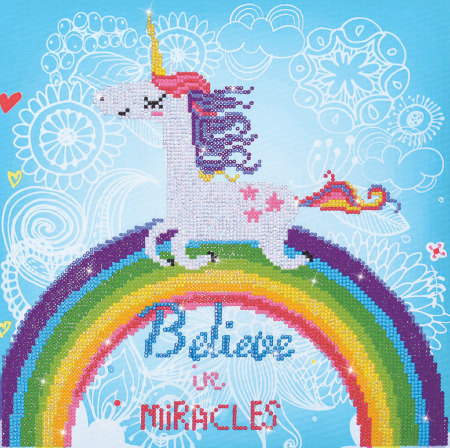 Art&Craft - Tablou cu diamante - Unicorn pe curcubeu (Believe in miracles), 35 x 35 cm