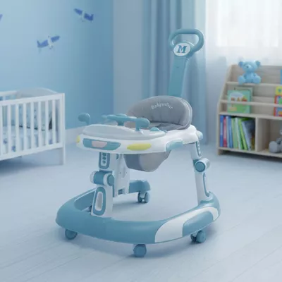 Premergator 3 in 1 cu Maner Parental, Volan si Sezut Reglabil, Pliabil, 6 Roti Silentioase, cu Maner de Impins, ALBASTRU [4]