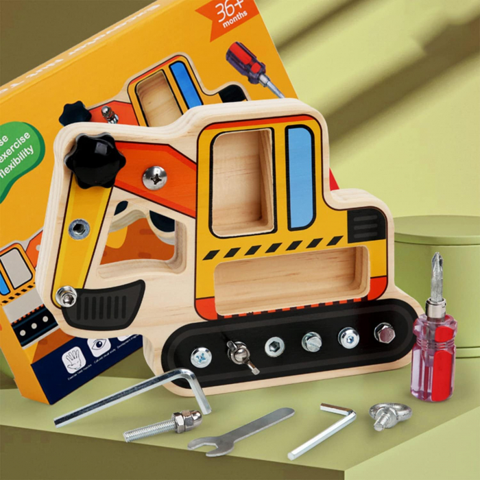Joc Montessori din Lemn, Excavator cu Suruburi, 15 Piese [8]