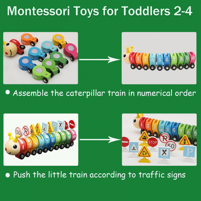 renulet Montessori cu indicatoare si cifre 1-10, Omida, este o jucarie educativa din lemn sub forma de tren formata dintr-o omida colorata, vagoane numerotate de la 1 la 10 si 10 indicatoare de circulatie.  Semne de circulatie din lemn, care introduc notiuni de educatie rutiera:”Stop”, „Limita de viteza 50”, „Parcare”, „Cedeaza trecerea” si altele, ajutand copiii sa inteleaga si sa recunoasca semnele de circulatie reale.  Indicatoarele de circulatie au un suport special format pe fiecare vagon in parte pentru a fi introduse.  Vagoanele se unesc intre ele prin arici/ velcro. Trenul stimuleaza recunoasterea culorilor si numerelor, precum si dezvoltarea coordonarii ochi-mana si a motricitatii fine.  Jucaria este robusta si cei mici vor fi incantati sa il plimbe. Vor putea invata numere si culori.  Cea mai buna metoda de invatare pentru copii este aceea de a o integra in joc.  Marginea lustruita cu atentie, este foarte confortabila pentru mainile bebelusului, are 10 vagoane cu cifre de la 1 la 10  si locomotiva.  Fiecare vagon cu cifra este frumos colorat, cei mici vor invata sa insiruie vagoanele cu cifre unul dupa altul.  Sistemul de prindere dintre vagoane putand fi operat si de copii, astfel ca cei mici se pot juca cu usurinta cu acest simpatic trenulet cu vagoane.  Caracteristici:  - Locomotiva și 10 vagoane din lemn.   - Fiecare vagon are 2 roti glisante care aluneca ușor.   -  10 semne de circulatie diferite   - Jucaria trenulet din lemn arata frumos, este atractiva pentru copii, acest lucru îi va face pe copii sa invete lucruri.  Vopsit cu vopsele pe baza de apa.  Lungime trenulet:  18.5 cm [2]