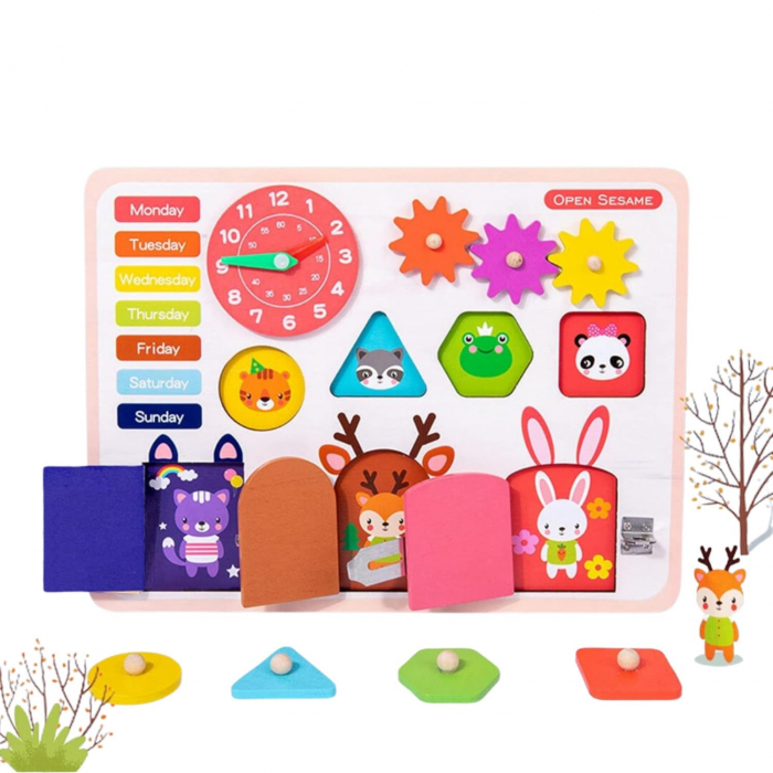 Placa Montessori Busy Board – Joc Educativ cu Incuietori, Ceas, Forme Geometrice si Roti Zimtate [2]