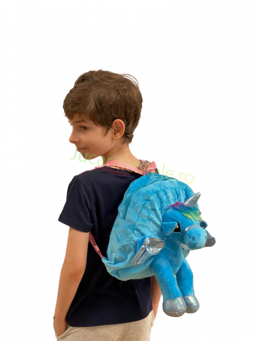 Rucsac din plus de tip ghiozdanel pentru copii Albastru cu Unicorn Vesel [4]