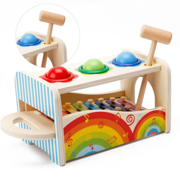 Jucarie Montessori din Lemn Multifunctionala cu Ciocan, Bile si Xilofon [5]