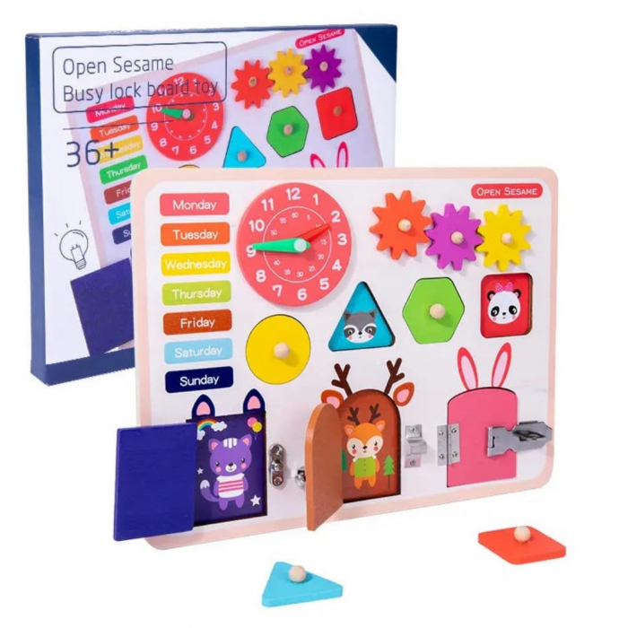 Placa Montessori Busy Board – Joc Educativ cu Incuietori, Ceas, Forme Geometrice si Roti Zimtate [3]