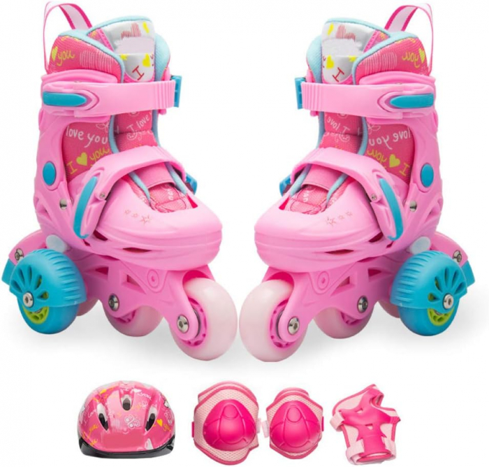 Role Roz pentru Fete, Roti Ajutatoare, Lumini LED, Set Protectie [2]
