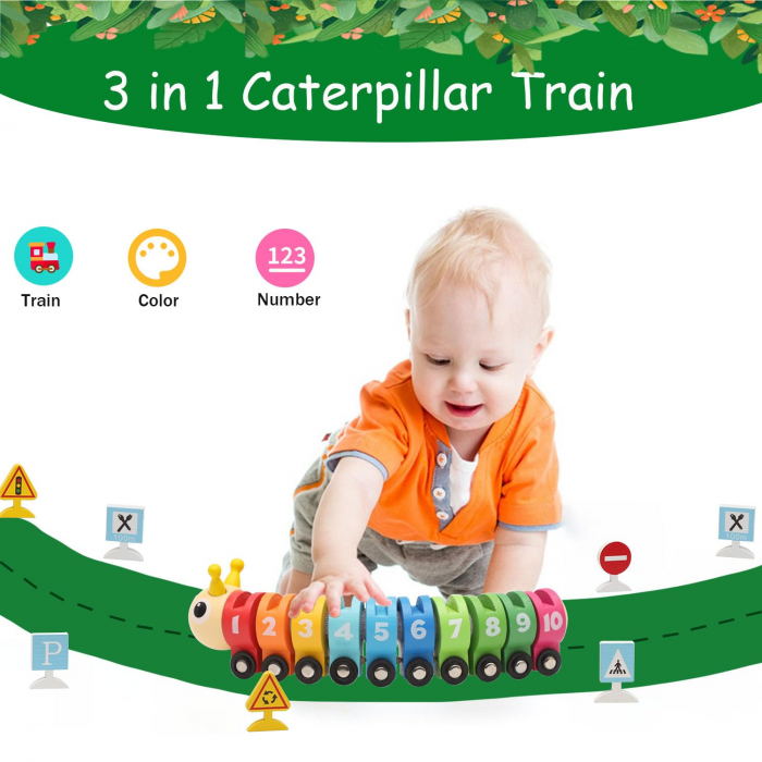 renulet Montessori cu indicatoare si cifre 1-10, Omida, este o jucarie educativa din lemn sub forma de tren formata dintr-o omida colorata, vagoane numerotate de la 1 la 10 si 10 indicatoare de circulatie.  Semne de circulatie din lemn, care introduc notiuni de educatie rutiera:”Stop”, „Limita de viteza 50”, „Parcare”, „Cedeaza trecerea” si altele, ajutand copiii sa inteleaga si sa recunoasca semnele de circulatie reale.  Indicatoarele de circulatie au un suport special format pe fiecare vagon in parte pentru a fi introduse.  Vagoanele se unesc intre ele prin arici/ velcro. Trenul stimuleaza recunoasterea culorilor si numerelor, precum si dezvoltarea coordonarii ochi-mana si a motricitatii fine.  Jucaria este robusta si cei mici vor fi incantati sa il plimbe. Vor putea invata numere si culori.  Cea mai buna metoda de invatare pentru copii este aceea de a o integra in joc.  Marginea lustruita cu atentie, este foarte confortabila pentru mainile bebelusului, are 10 vagoane cu cifre de la 1 la 10  si locomotiva.  Fiecare vagon cu cifra este frumos colorat, cei mici vor invata sa insiruie vagoanele cu cifre unul dupa altul.  Sistemul de prindere dintre vagoane putand fi operat si de copii, astfel ca cei mici se pot juca cu usurinta cu acest simpatic trenulet cu vagoane.  Caracteristici:  - Locomotiva și 10 vagoane din lemn.   - Fiecare vagon are 2 roti glisante care aluneca ușor.   -  10 semne de circulatie diferite   - Jucaria trenulet din lemn arata frumos, este atractiva pentru copii, acest lucru îi va face pe copii sa invete lucruri.  Vopsit cu vopsele pe baza de apa.  Lungime trenulet:  18.5 cm [4]