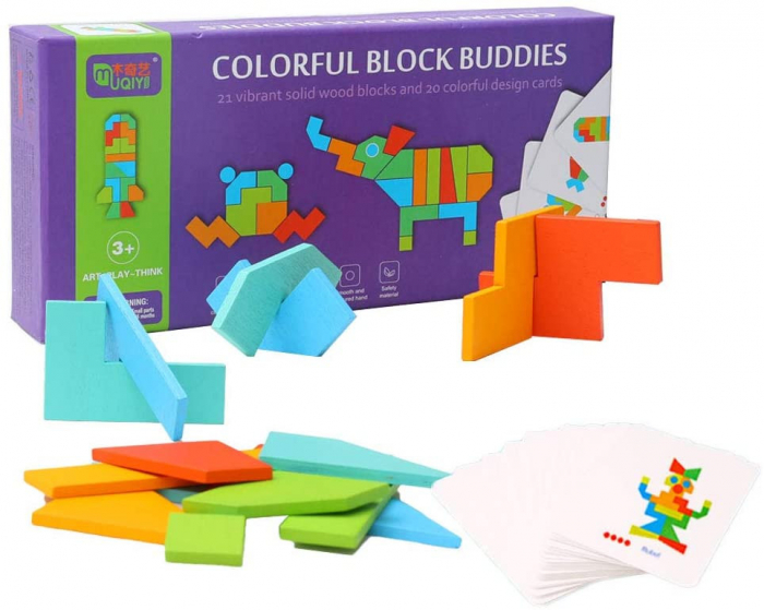 Joc Tangram din Lemn - 21 Piese Colorate si 20 de Cartonase cu Modele [1]