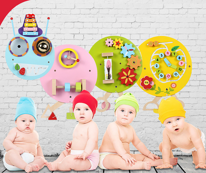 Busy Board din Lemn cu 4 placi si 12 Activitati, Omida Colorata [12]