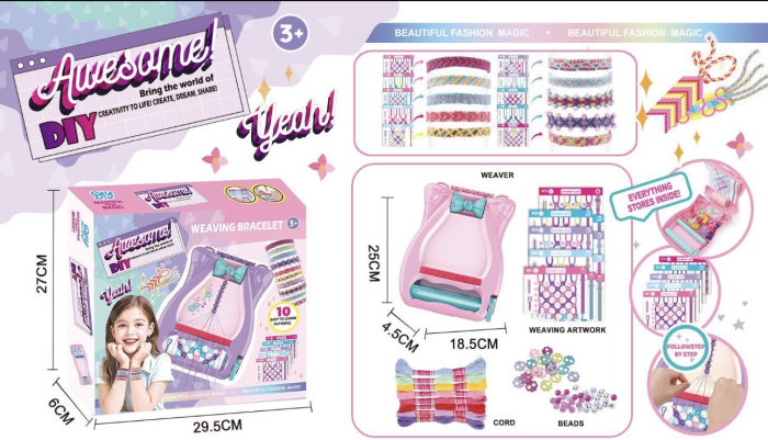 Set DIY pentru Creat Bratari, cu Razboi de Tesut, Fire Colorate, Margele, Roz [3]