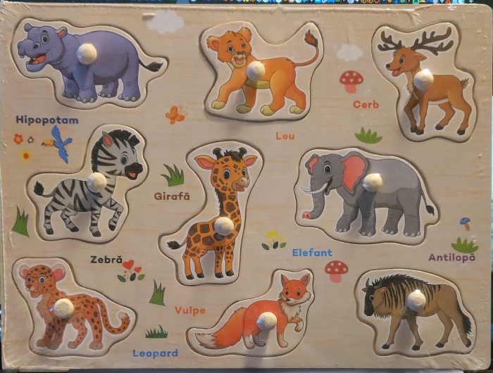 Puzzle din Lemn Incastru cu Maner – Animale Salbatice in Limba Romana [1]