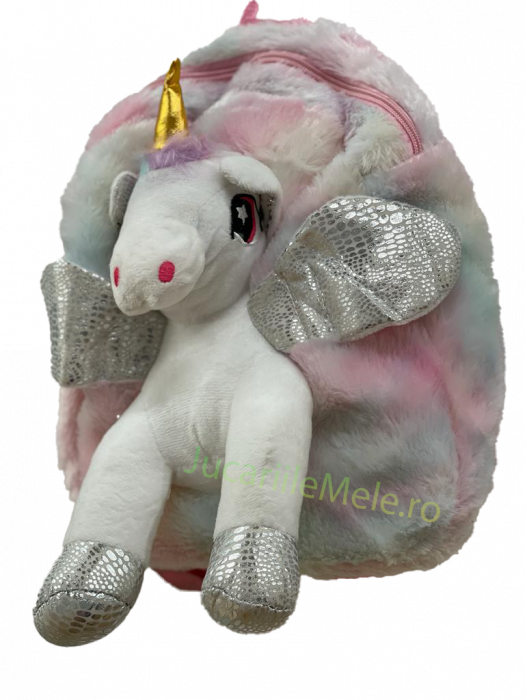 Rucsac din plus de tip ghiozdanel pentru copii Roz/Alb Cu Unicorn Pufos [2]
