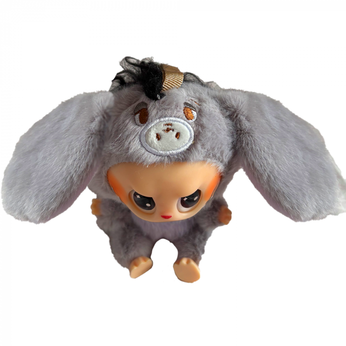Jucarie de Plus Labubu Winnie The Pooh, Costum Magarus, 18 cm, Gri/Roz [2]