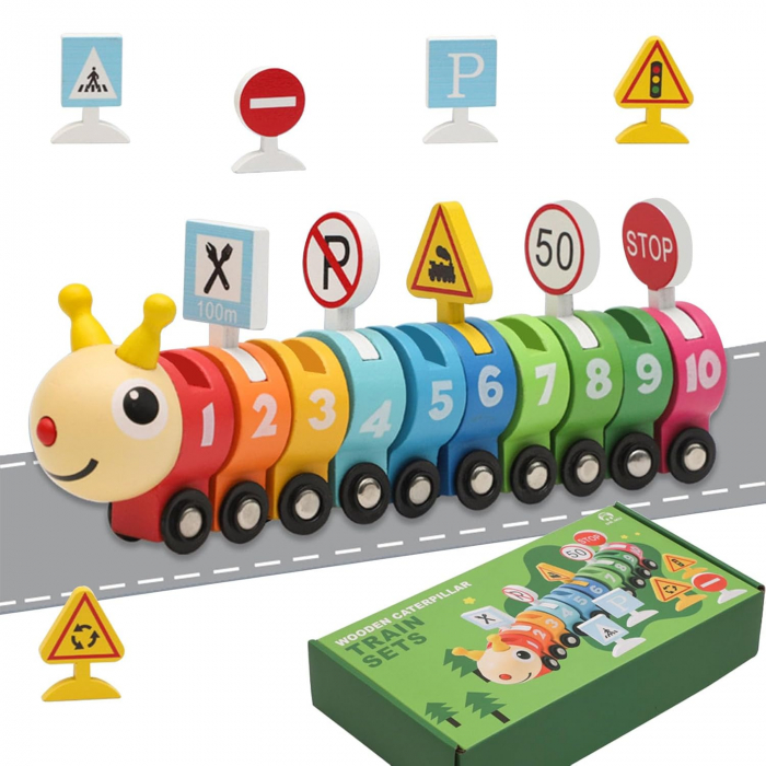 renulet Montessori cu indicatoare si cifre 1-10, Omida, este o jucarie educativa din lemn sub forma de tren formata dintr-o omida colorata, vagoane numerotate de la 1 la 10 si 10 indicatoare de circulatie.  Semne de circulatie din lemn, care introduc notiuni de educatie rutiera:”Stop”, „Limita de viteza 50”, „Parcare”, „Cedeaza trecerea” si altele, ajutand copiii sa inteleaga si sa recunoasca semnele de circulatie reale.  Indicatoarele de circulatie au un suport special format pe fiecare vagon in parte pentru a fi introduse.  Vagoanele se unesc intre ele prin arici/ velcro. Trenul stimuleaza recunoasterea culorilor si numerelor, precum si dezvoltarea coordonarii ochi-mana si a motricitatii fine.  Jucaria este robusta si cei mici vor fi incantati sa il plimbe. Vor putea invata numere si culori.  Cea mai buna metoda de invatare pentru copii este aceea de a o integra in joc.  Marginea lustruita cu atentie, este foarte confortabila pentru mainile bebelusului, are 10 vagoane cu cifre de la 1 la 10  si locomotiva.  Fiecare vagon cu cifra este frumos colorat, cei mici vor invata sa insiruie vagoanele cu cifre unul dupa altul.  Sistemul de prindere dintre vagoane putand fi operat si de copii, astfel ca cei mici se pot juca cu usurinta cu acest simpatic trenulet cu vagoane.  Caracteristici:  - Locomotiva și 10 vagoane din lemn.   - Fiecare vagon are 2 roti glisante care aluneca ușor.   -  10 semne de circulatie diferite   - Jucaria trenulet din lemn arata frumos, este atractiva pentru copii, acest lucru îi va face pe copii sa invete lucruri.  Vopsit cu vopsele pe baza de apa.  Lungime trenulet:  18.5 cm [1]