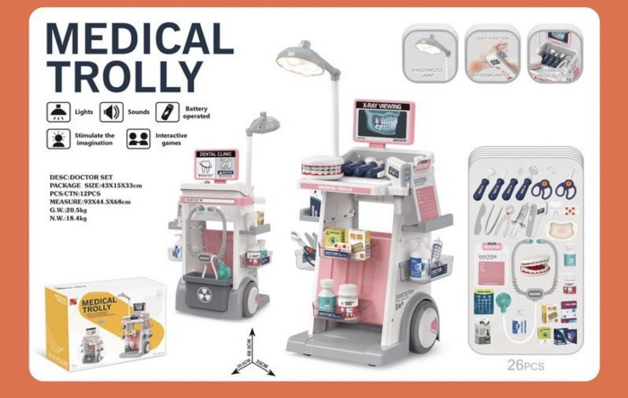 Trusa Medicala de Jucarie pentru Copii, 26 Piese, cu Carucior, Stetoscop, Monitor ECG, Roz [2]