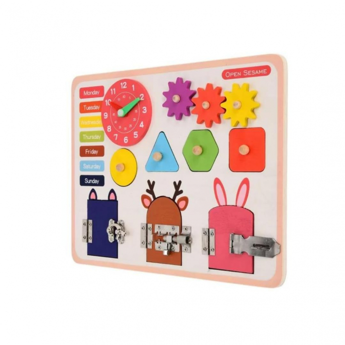 Placa Montessori Busy Board – Joc Educativ cu Incuietori, Ceas, Forme Geometrice si Roti Zimtate [1]
