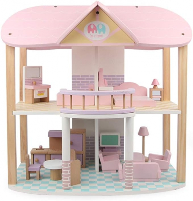 Casuta Vintage din Lemn pentru Papusi cu Mobilier, Roz [2]