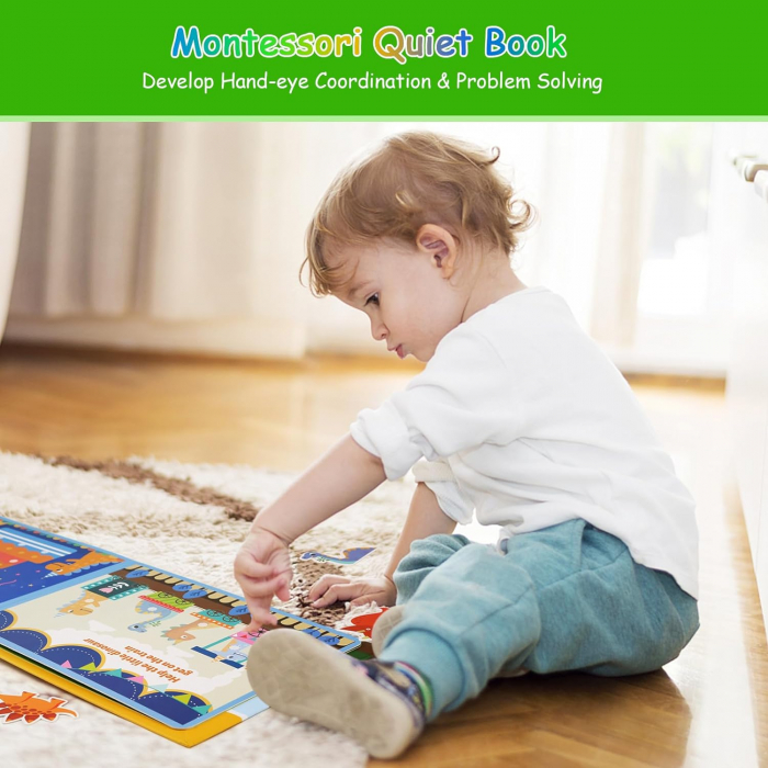 Quiet Book, Carte Montessori cu Stickere Reutilizabile, Model Dinozauri [6]