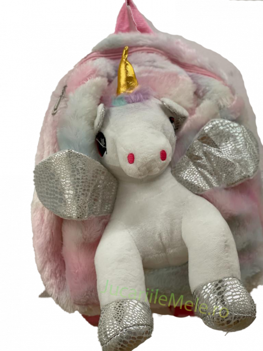 Rucsac din plus de tip ghiozdanel pentru copii Roz/Alb Cu Unicorn Pufos [3]