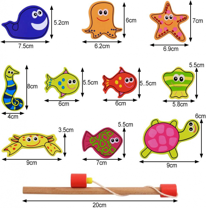 Joc Pescuit Magnetic - 12 Animale Marine, Set din Lemn [3]