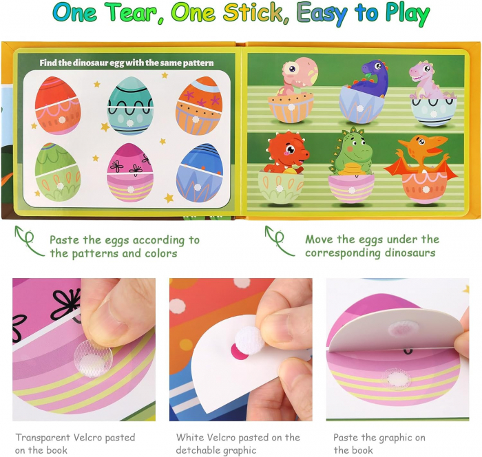 Quiet Book, Carte Montessori cu Stickere Reutilizabile, Model Dinozauri [5]