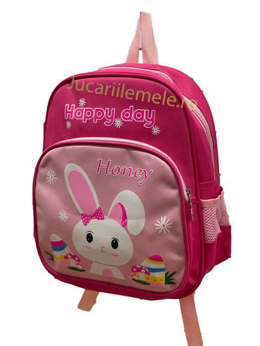 Ghiozdan pentru scoala Roz "Happy Day" cu iepuras - 30cm si 2 compartimente. [1]
