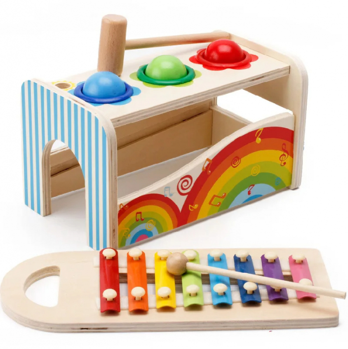 Jucarie Montessori din Lemn Multifunctionala cu Ciocan, Bile si Xilofon [1]