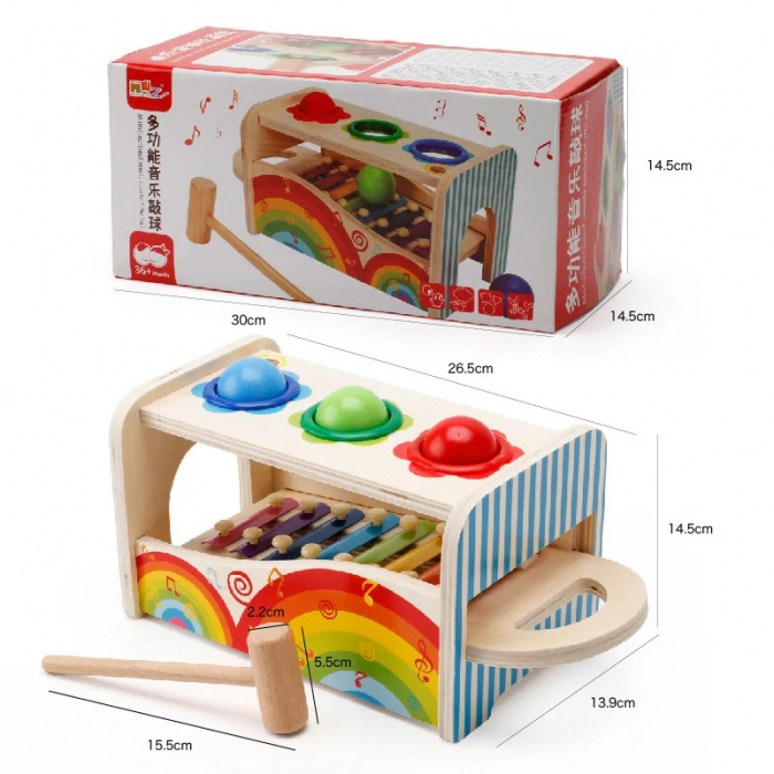Jucarie Montessori din Lemn Multifunctionala cu Ciocan, Bile si Xilofon [6]