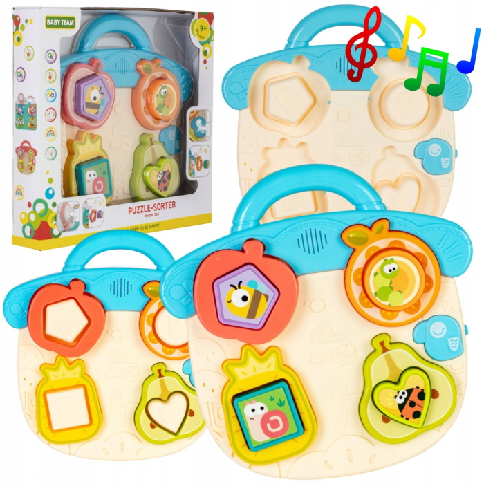 Jucarie Educationala Tip Puzzle Montessori Interactiv cu Efecte Sonore, Sortator Forme, Fructe, Animale si Maner, ALBASTRU [2]