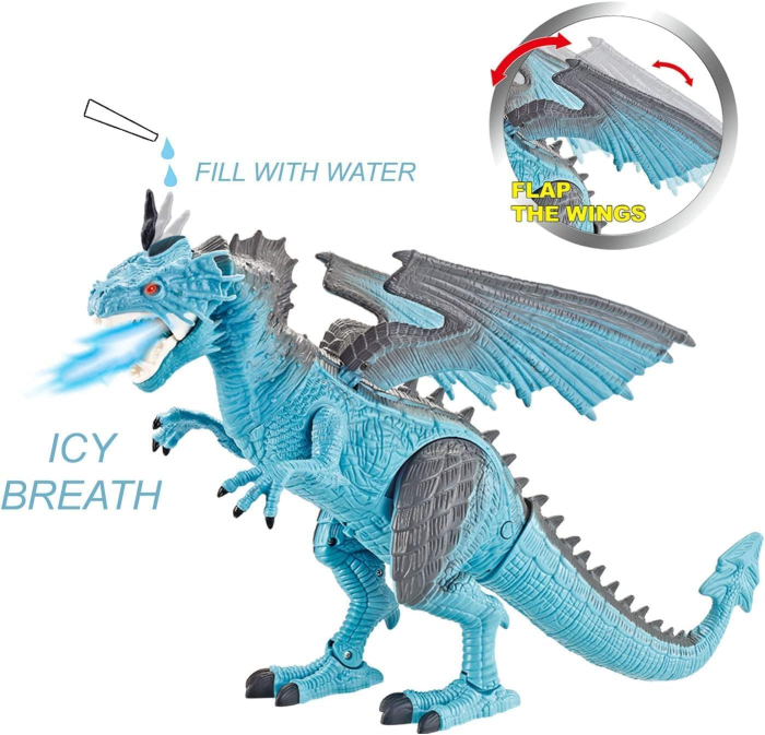 Dragon de Jucarie cu Telecomanda, Lumini, Sunete, Aripi Mobile si Efect de Fum, 26 cm, Albastru [6]