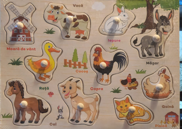Puzzle din Lemn Incastru cu Maner – Animale Domestice in Limba Roman [1]