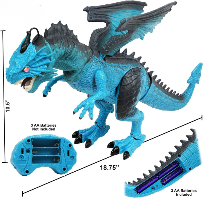 Dragon de Jucarie cu Telecomanda, Lumini, Sunete, Aripi Mobile si Efect de Fum, 26 cm, Albastru [3]