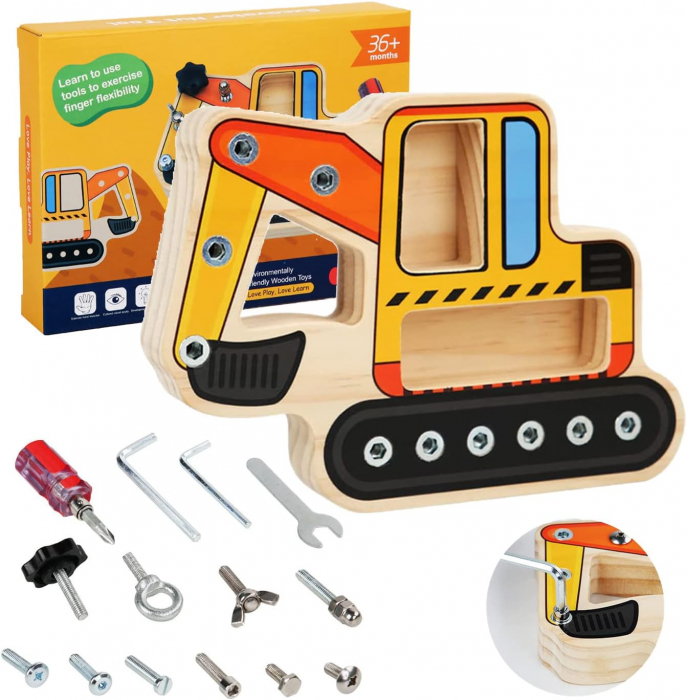Joc Montessori din Lemn, Excavator cu Suruburi, 15 Piese [5]