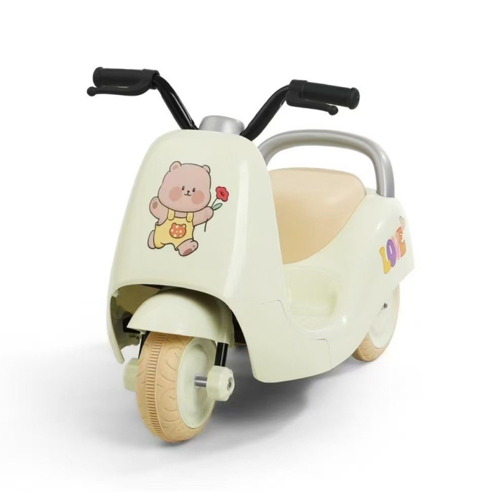 Motocicleta Electrica pentru Copii cu Baterie 6V, Viteza Reglabila, Efecte Sonore, Model Ursulet Vesel cu Trandafir, GALBEN/CREM [2]