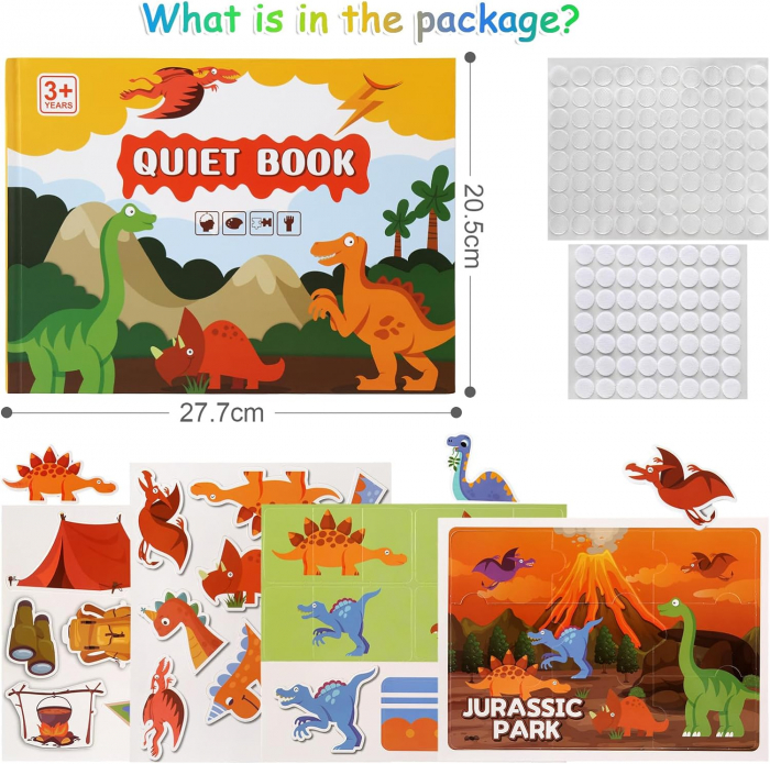Quiet Book, Carte Montessori cu Stickere Reutilizabile, Model Dinozauri [2]