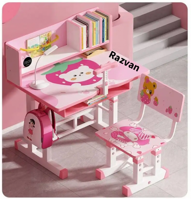 Birou Personalizat pentru Copii din MDF cu Inaltime Ajustabila, Model Capsunica Roz [1]