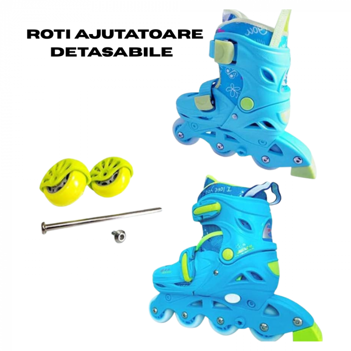 Role Roz pentru Fete, Roti Ajutatoare, Lumini LED, Set Protectie [4]