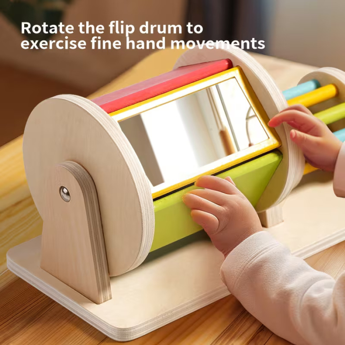 Jucarie Educativa din Lemn Montessori, Tambur Rotativ Curcubeu pentru Bebelusi cu Oglinda, 6 luni + [6]