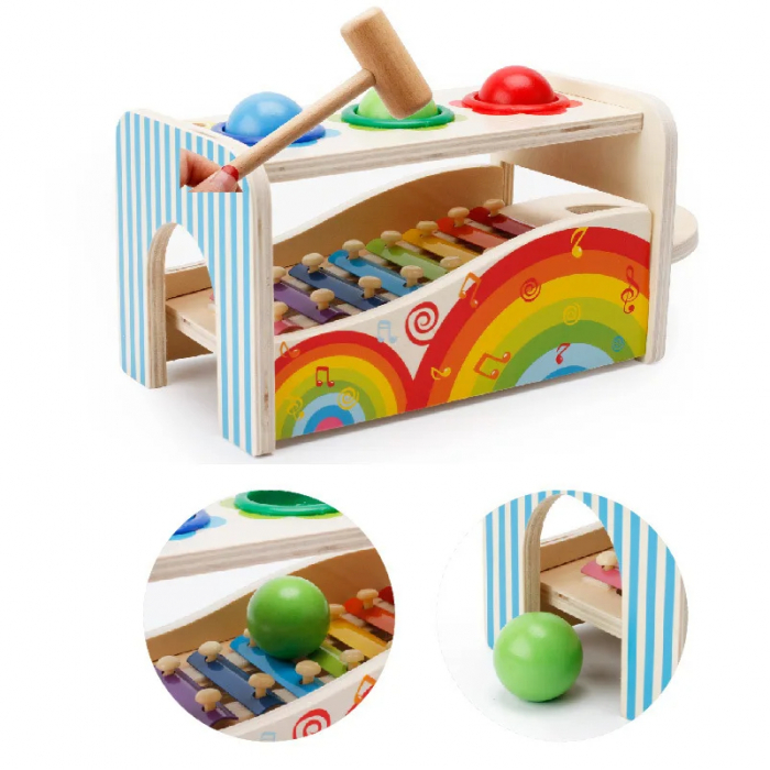 Jucarie Montessori din Lemn Multifunctionala cu Ciocan, Bile si Xilofon [2]