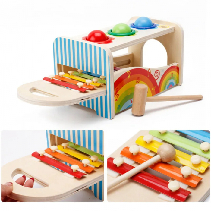 Jucarie Montessori din Lemn Multifunctionala cu Ciocan, Bile si Xilofon [3]