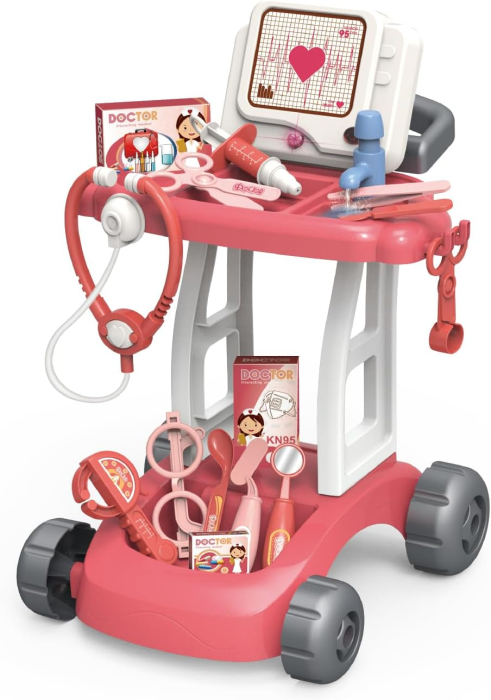 Set de Joaca Doctor pentru Copii cu Carucior Medical, Lumini, Sunete si Instrumente Medicale, Roz [2]