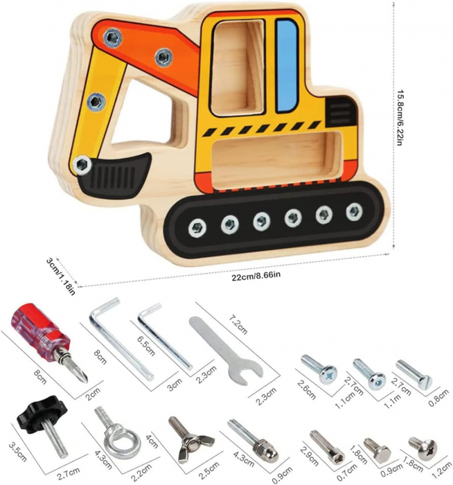 Joc Montessori din Lemn, Excavator cu Suruburi, 15 Piese [3]