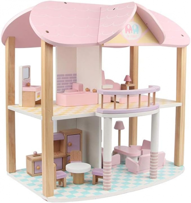 Casuta Vintage din Lemn pentru Papusi cu Mobilier, Roz [1]