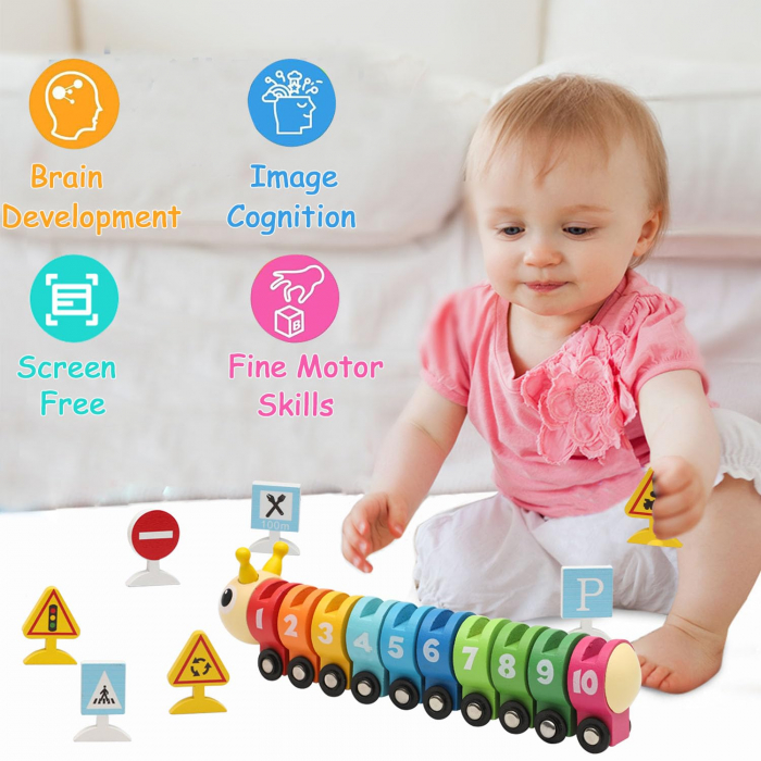 renulet Montessori cu indicatoare si cifre 1-10, Omida, este o jucarie educativa din lemn sub forma de tren formata dintr-o omida colorata, vagoane numerotate de la 1 la 10 si 10 indicatoare de circulatie.  Semne de circulatie din lemn, care introduc notiuni de educatie rutiera:”Stop”, „Limita de viteza 50”, „Parcare”, „Cedeaza trecerea” si altele, ajutand copiii sa inteleaga si sa recunoasca semnele de circulatie reale.  Indicatoarele de circulatie au un suport special format pe fiecare vagon in parte pentru a fi introduse.  Vagoanele se unesc intre ele prin arici/ velcro. Trenul stimuleaza recunoasterea culorilor si numerelor, precum si dezvoltarea coordonarii ochi-mana si a motricitatii fine.  Jucaria este robusta si cei mici vor fi incantati sa il plimbe. Vor putea invata numere si culori.  Cea mai buna metoda de invatare pentru copii este aceea de a o integra in joc.  Marginea lustruita cu atentie, este foarte confortabila pentru mainile bebelusului, are 10 vagoane cu cifre de la 1 la 10  si locomotiva.  Fiecare vagon cu cifra este frumos colorat, cei mici vor invata sa insiruie vagoanele cu cifre unul dupa altul.  Sistemul de prindere dintre vagoane putand fi operat si de copii, astfel ca cei mici se pot juca cu usurinta cu acest simpatic trenulet cu vagoane.  Caracteristici:  - Locomotiva și 10 vagoane din lemn.   - Fiecare vagon are 2 roti glisante care aluneca ușor.   -  10 semne de circulatie diferite   - Jucaria trenulet din lemn arata frumos, este atractiva pentru copii, acest lucru îi va face pe copii sa invete lucruri.  Vopsit cu vopsele pe baza de apa.  Lungime trenulet:  18.5 cm [3]