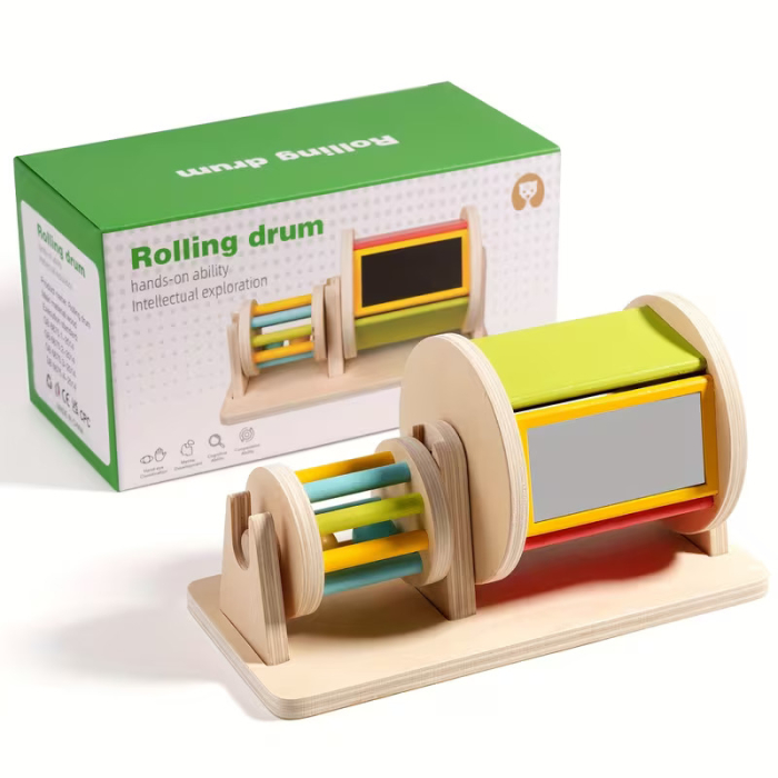 Jucarie Educativa din Lemn Montessori, Tambur Rotativ Curcubeu pentru Bebelusi cu Oglinda, 6 luni + [2]